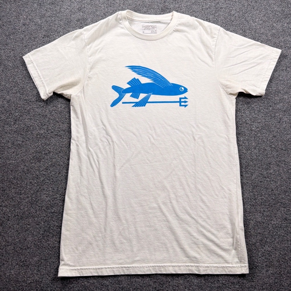 Patagonia Graphic T-Shirt Mens Medium Cream Blue Flying Fish Trident Slim Fit - Picture 2 of 15